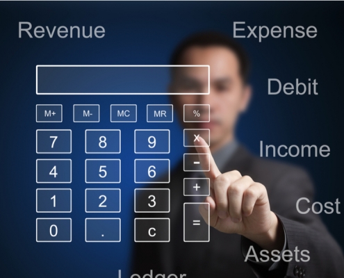 Man looking at a Calculator surrounded by Expenses, Revenue, Profit and Loss